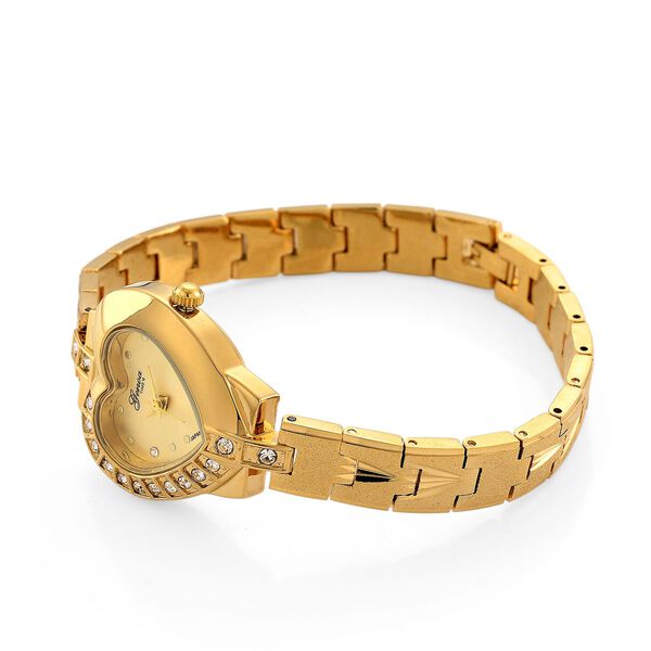 GENOA TIME - Herz-Armbanduhr Legierung, nickelfreies Messing, goldfarben, mit weißen Kristallen, Zifferblatt Gold-Sunshine, 3 ATM wasserdicht image number 5
