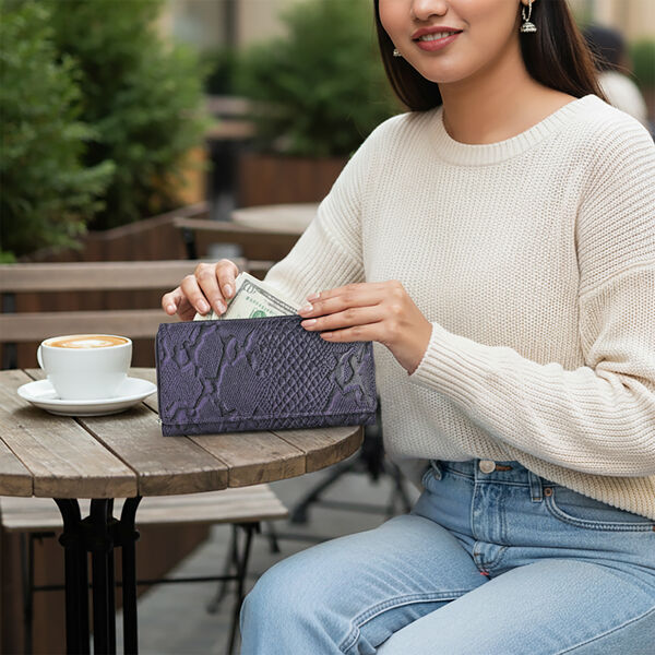 "RfidProtected 100% Python Embossed Genuine Leather Women's Wallet Color : Purple Size:7.25x4 INCH " image number 4