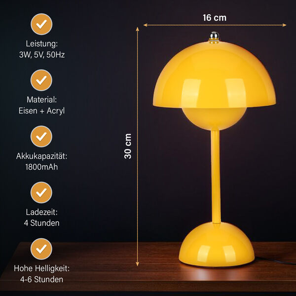 Kabellose Tischlampe im minimalistischen Retro-Pilzdesign &ndash; Touch-Steuerung, gelb image number 3