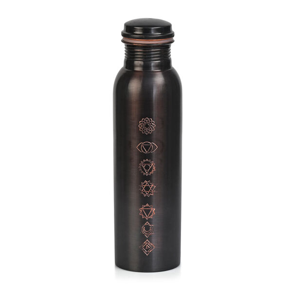 2er-Set - LIVMORE Kupfer-Trinkflasche mit 7-Chakra-Gravur (ca. 900 ml) und Armband mit Chakra-Perlen aus Edelsteinen - Schwarz image number 4