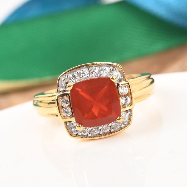 Mexikanischer Kirschfeuer-Opal und Zirkon Solitär Ring 925 Silber 585 Vergoldet image number 2