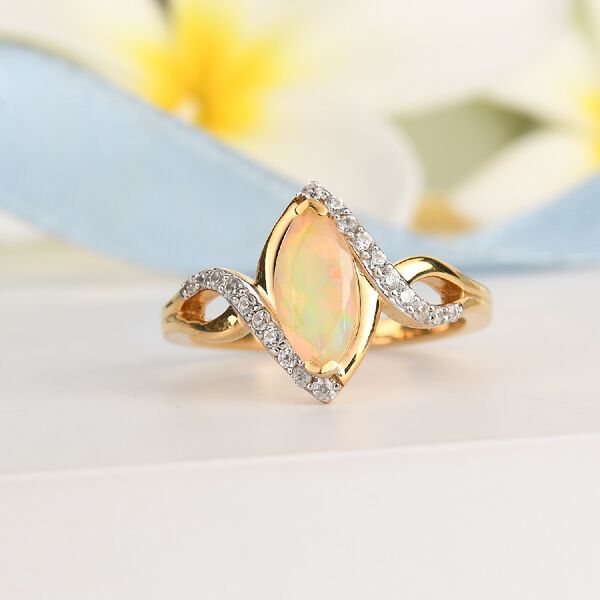 Nat&uuml;rlicher &Auml;thiopischer Opal und Zirkon Ring 925 Silber 585 vergoldet image number 2