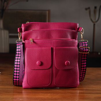 Umh&auml;ngetasche aus feinem Lederimitat mit mehreren Taschen, 120cm Trageriemen, 24x27cm, Rosenrot