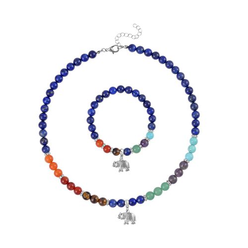 2er Set - Elefanten Anhänger Set mit Mehrfarbigen und Lapislazuli Edelsteinperlen Halskette und Armband image number 0