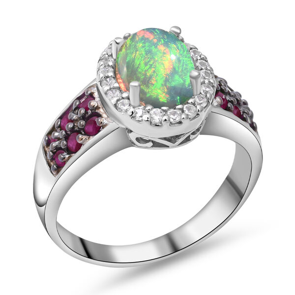 Nat&uuml;rlicher, &auml;thiopischer Welo Opal und afrikanischer Rubin-Ring, 925 Silber platiniert  ca. 1,97 ct image number 3
