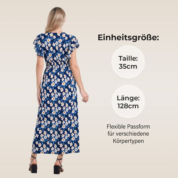Gesmokter Maxikleid mit Volantärmeln, Blau und weiß mit Blumenmuster, Einheitsgröße image number 4