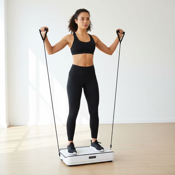 LIVMORE Vibrationsplatte Fitnessger&auml;t, 9 Programme, 99 Geschwindigkeitsstufen, Bluetooth mit Lautsprecher, Fernbedienung, 53 x 34 x 11 cm, Wei&szlig;