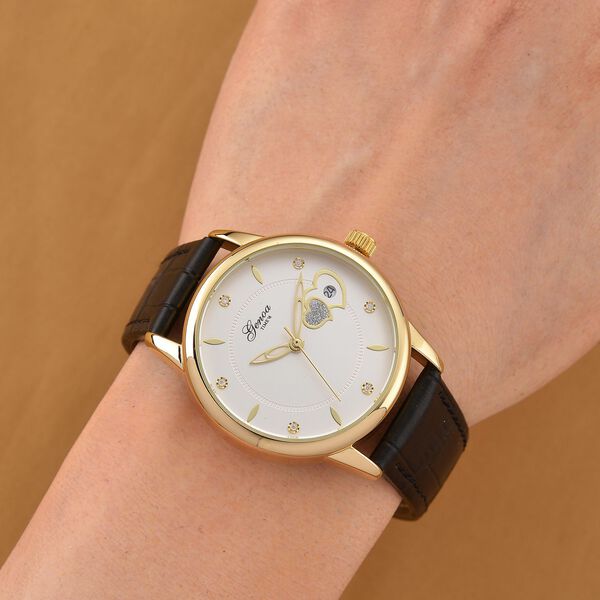 GENOA - Moissanit, Automatik-Armbanduhr mit Herz-Design und Datumsanzeige, Dandong-Uhrwerk, Wei&szlig;es Zifferblatt, Goldfarben, Schwarz Lederarmband, 36 mm image number 2