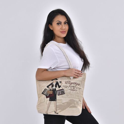 Jacquard gewebte Jute-Tasche mit kunstvollem Muster, 42x34 cm, Khaki image number 1