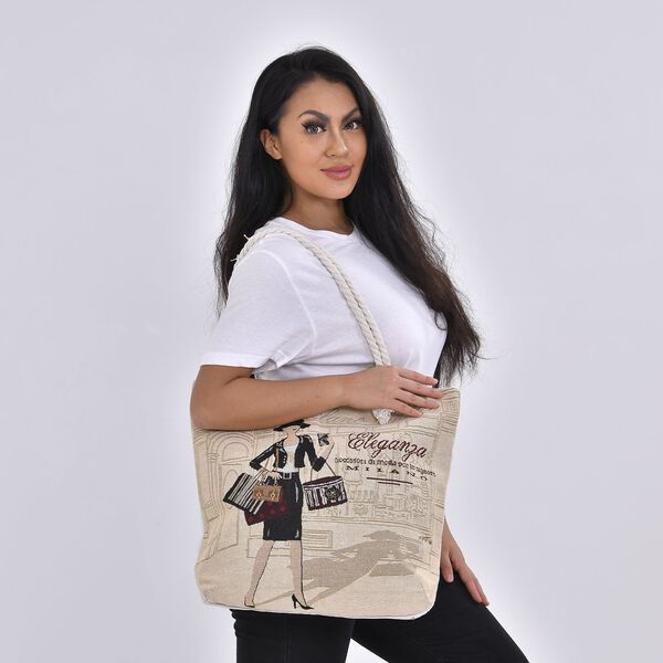 Jacquard gewebte Jute-Tasche mit kunstvollem Muster, 42x34 cm, Khaki image number 2