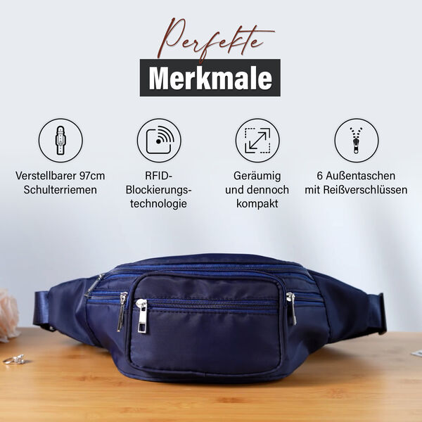 Nylon-G&uuml;rteltasche mit RFID-Schutz, 37x10x13,5cm, Marineblau image number 4