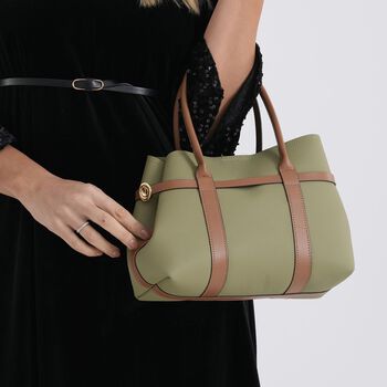 Leder Shopper Set 2 teilig mit Magnetfach und Rei&szlig;verschlussfach 35 x 11 x 20 cm Gr&uuml;n Braun