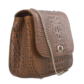 Umh&auml;ngetasche aus echtem Leder mit Kroko-Pr&auml;gung und Kettenriemen, Braun