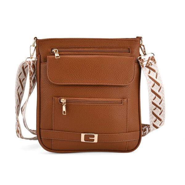 Crossbody-Tasche mit gewebtem Schulterriemen und Reißverschlussfächern, 24x28 cm, Karamellbraun image number 0