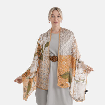 LA MAREY Signature Set mit Seidenschal und Seidentropfen-Ohrringen, 100% Maulbeerseide, 65 x 170 cm, Orange mit Wei&szlig;