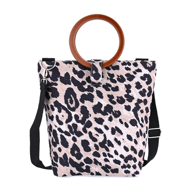 Handtasche mit Holzgriff, Schlangenhautmuster, Gr&ouml;&szlig;e 32x12x29cm, Schwarz und Beige image number 2