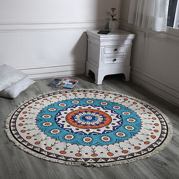 Handgewebter Teppich aus 100 % Baumwolle, 150 cm Durchmesser, Mandala T&uuml;rkis