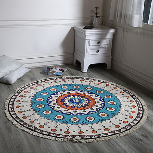 Handgewebter Teppich aus 100 % Baumwolle, 150 cm Durchmesser, Mandala T&uuml;rkis