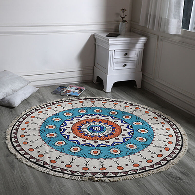 Handgewebter Teppich aus 100 % Baumwolle, 150 cm Durchmesser, Mandala Türkis image number 0