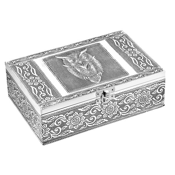 2er-Set – Oxidierte 20x13,5x7cm Aluminium-Schmuckbox und 16x9,5x3,8cm Perlen-Box, Eulen-Prägung, Silber und Multi image number 3