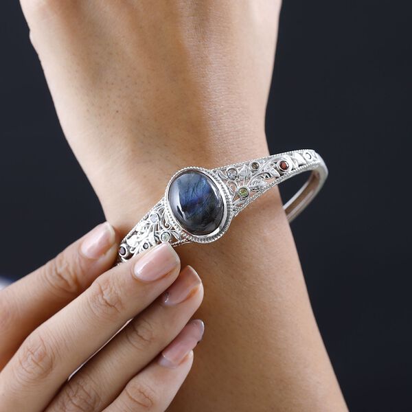 Labradorit, Roter Granat Armreif ca. 19 cm Reines Messing platiniert ca. 18,84 ct. image number 3