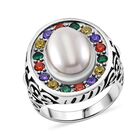 Weiße Muschelkernperle, Mehrfarbiger Zirkonia Ring Reiner Edelstahl (Größe 20.00)