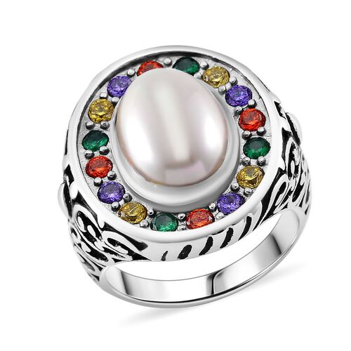 Mehrfarbiger Zirkonia, Weiße Muschelkernperle Ring Reiner Edelstahl (Größe 20.00) image number 0