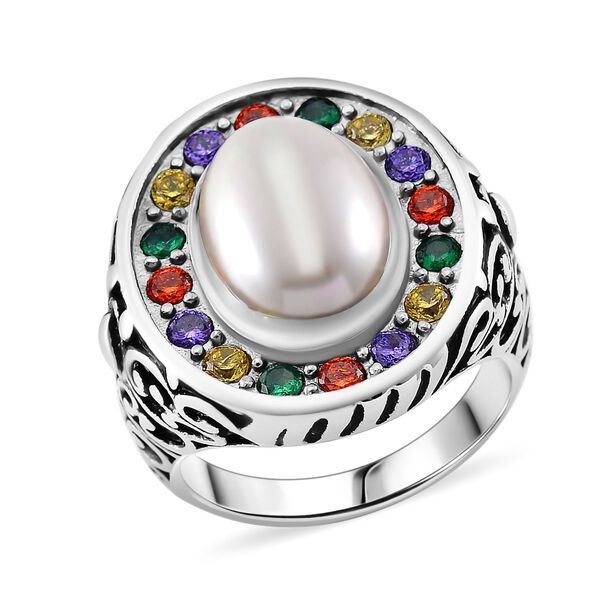 Weiße Muschelkernperle, Mehrfarbiger Zirkonia Ring Reiner Edelstahl (Größe 20.00) image number 0