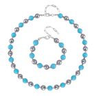 2er Set - Sleeping Beauty Türkis-Farbe Muschelkernperle Halskette und Armband, rhodiniert