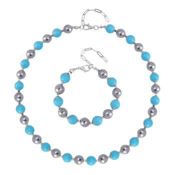 2er Set - Sleeping Beauty T&uuml;rkis-Farbe Muschelkernperle Halskette und Armband, rhodiniert