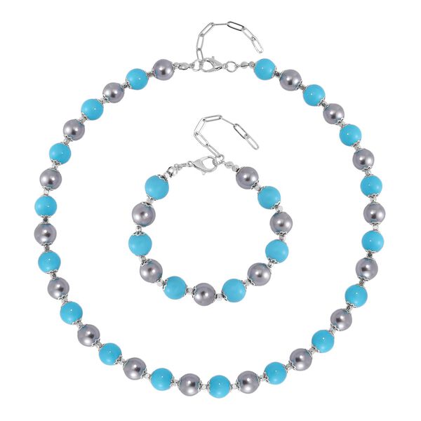 2er Set - Sleeping Beauty T&uuml;rkis-Farbe Muschelkernperle Halskette und Armband, rhodiniert