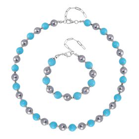 2er Set - Sleeping Beauty Türkis-Farbe Muschelkernperle Halskette und Armband, rhodiniert