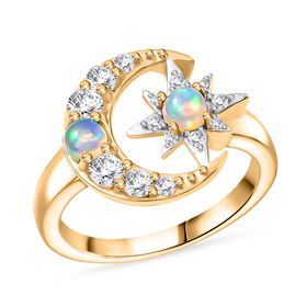 D'Joy AA Natürlicher, äthiopischer Welo Opal, Weißer Zirkon Ring 925 Silber 750 Gelb Vergoldet (Größe 18.00) ca. 0,79 ct