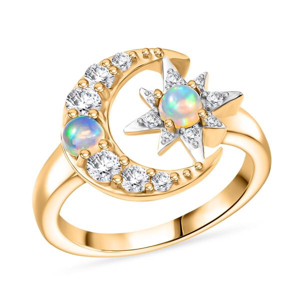 D'Joy AA Natürlicher, äthiopischer Welo Opal, Weißer Zirkon Ring 925 Silber 750 Gelb Vergoldet (Größe 18.00) ca. 0,79 ct image number 4