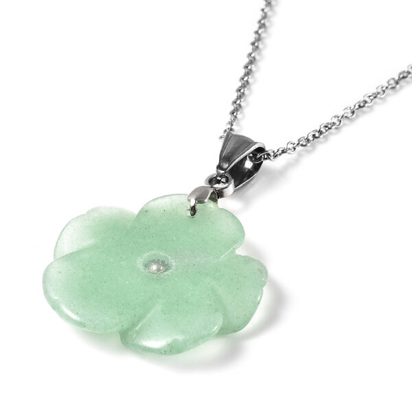Floral geschnitzter, grüner Aventurin-Anhänger mit Kette, ca. 50 cm in Edelstahl image number 3