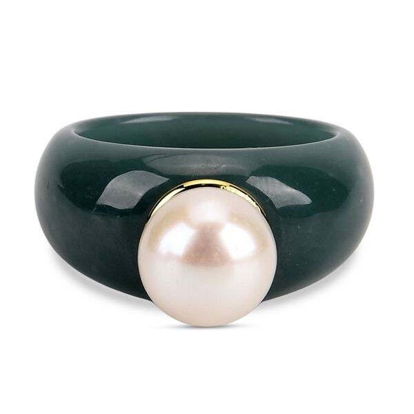 D'Joy nat&uuml;rlicher Olmek Jadeit und wei&szlig;er Edison Perle Ring