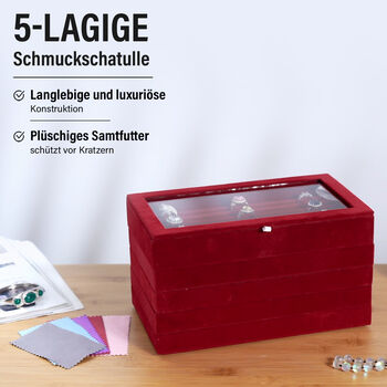 5-lagige stapelbare 26x15x14,5 cm Schmuckbox mit 5 Silber-Poliert&uuml;chern, Rot