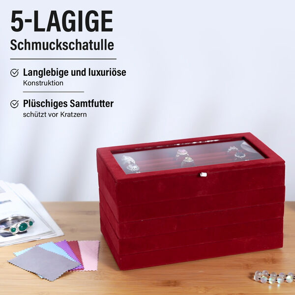 5-lagige stapelbare 26x15x14,5 cm Schmuckbox mit 5 Silber-Poliert&uuml;chern, Rot image number 2