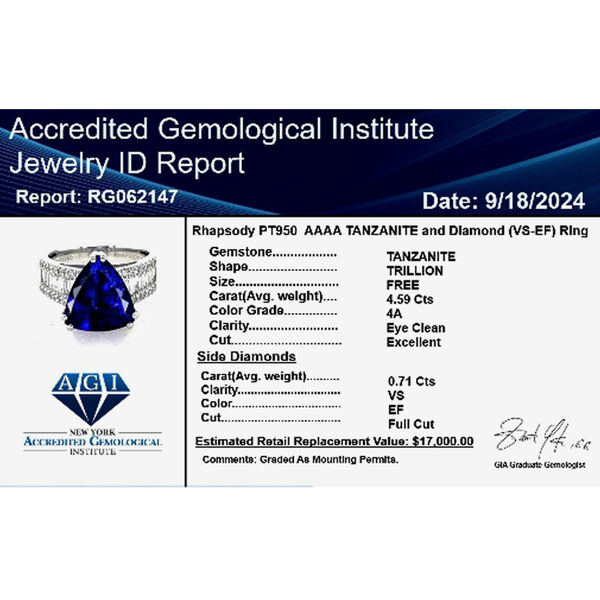 RHAPSODY zertifiziert und geprüft AAAA Tansanit und VS-EF Diamant Ring in 950 Platin - 5,3 ct. image number 7