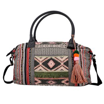 Boho Weekender-Tasche mit Quaste, Jacquard handgewebt, Ethniklook