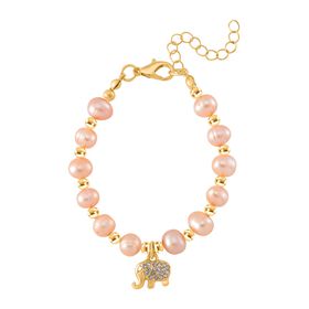 Pfirsich Süßwasser Perle und Kristall Armband in Goldton