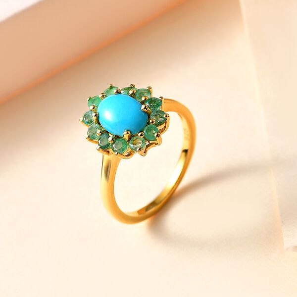 AA Amerikanischer nat&uuml;rlicher Sleeping Beauty T&uuml;rkis, Kagem Sambischer Smaragd Ring 925 Silber 750 Gelbgold Vermeil (Gr&ouml;&szlig;e 18.00) ca. 1.61 ct image number 2