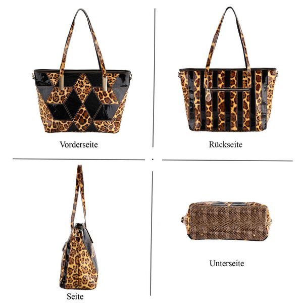 Chaos by Elsie- Echtleder-Shopper, RFID-Schutz, geometrisches Rauten Patchwork im 3D W&uuml;rfel Look, Leopard mit Hochglanz Optik, 30x14x27cm, Schwarzbraun image number 5