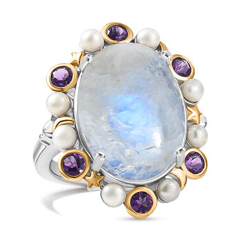 GP - Regenbogen Mondstein, S&uuml;&szlig;wasser Perle (3mm) Ring 925 Silber Rhodiniert und 750 Gelbgold Vermeil (Gr&ouml;&szlig;e 20.00)