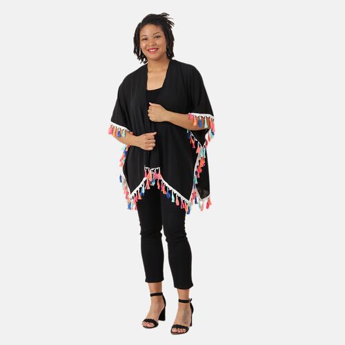 Chiffon Kimono mit mehrfarbigen Quasten, Schwarz image number 0
