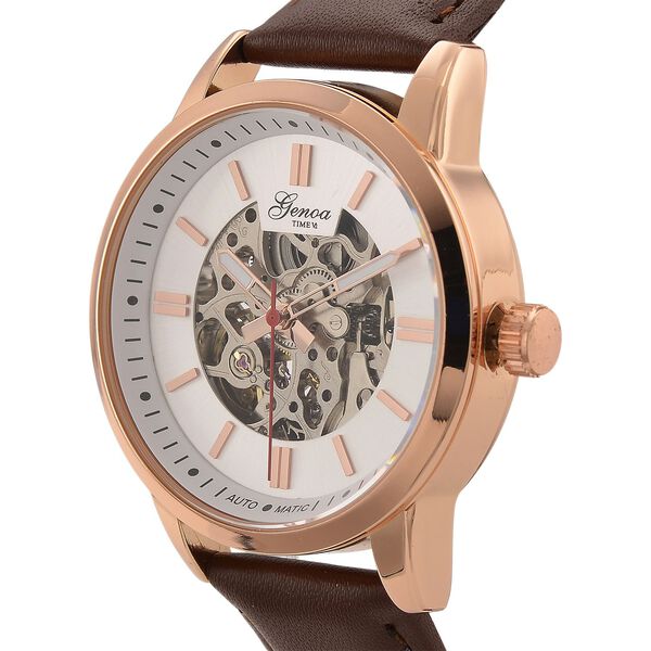 GENOA TIME V2 Automatikuhr mit mechanischem Automatikwerk, Zifferblatt weiß mit Sonnenschliff und offenem Design, Lederarmband Braun, 3 ATM wasserdicht image number 3