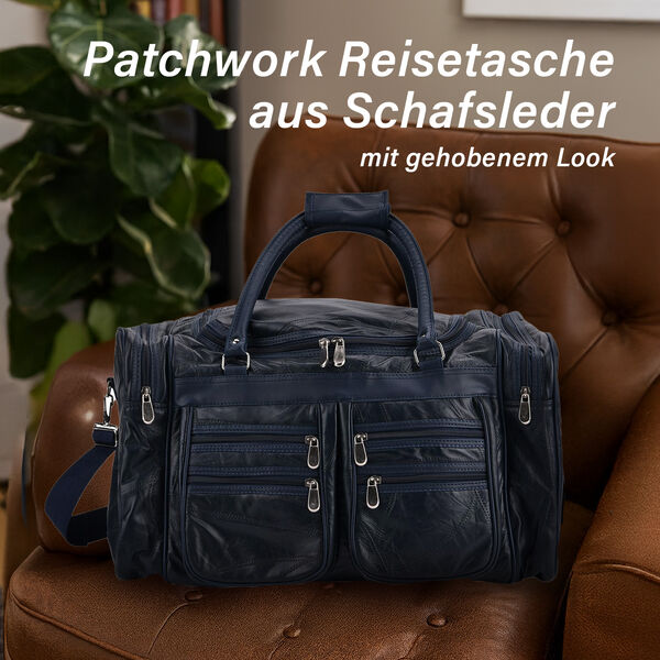 Patchwork-Reisetasche aus Schafleder mit 6 Außentaschen und Schulterriemen, 51x29x28 cm, Blau image number 2
