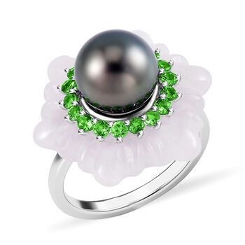 Wei&szlig;e Jade, Tahiti Perle Ring, 925 Silber rhodiniert, (Gr&ouml;&szlig;e 16.00) ca. 17.90 ct