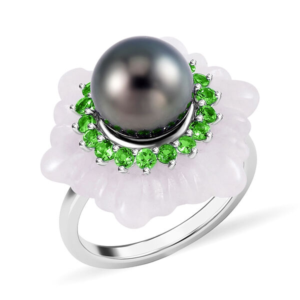 Wei&szlig;e Jade, Tahiti Perle Ring, 925 Silber rhodiniert, (Gr&ouml;&szlig;e 16.00) ca. 17.90 ct