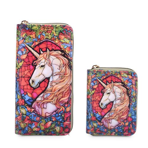 2-teiliges Geldbörsen-Set mit Einhornmuster, ca. 18x2,5x10 cm und 11x2,5x9 cm